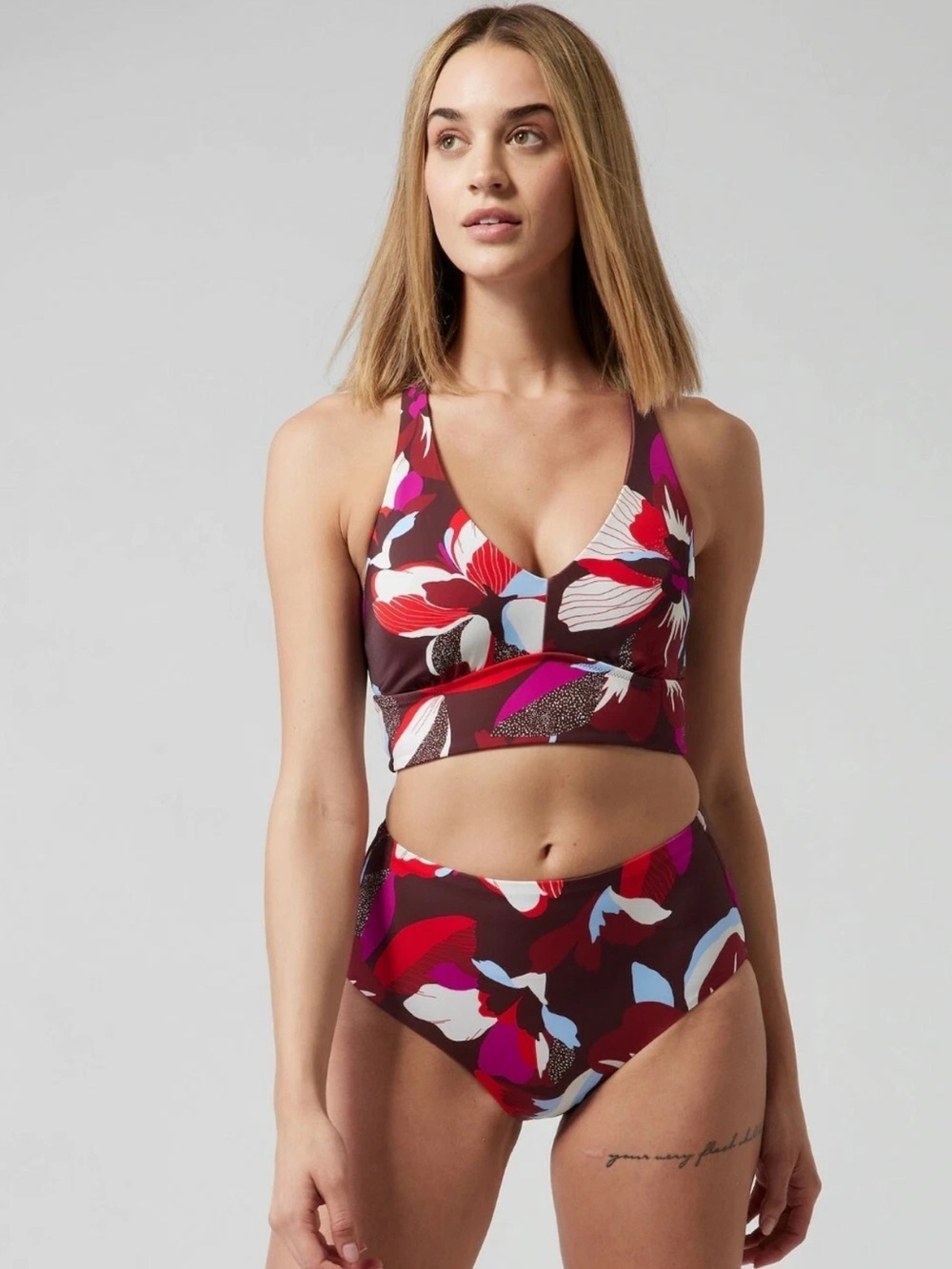 Athleta Matching Bikini Swimsuit Plunge Top High Waisted Bottom Large/XL Floral
